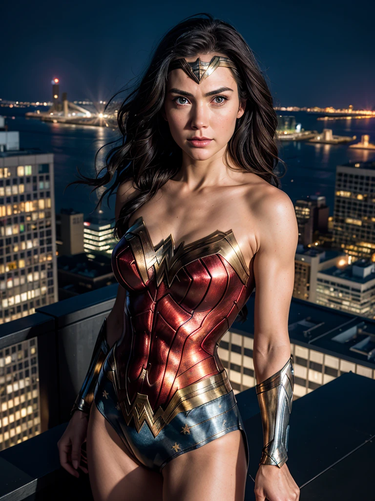 Half body, hyperrealism, (photorealistic:1.2), (photorealistic light:1.3), masterpiece, best quality, perfect detail, professional photo, realistic photo, raw photo, realistic style, detailed face, Wonder Woman, posing on the roof of a skyscraper, night, lights cities.