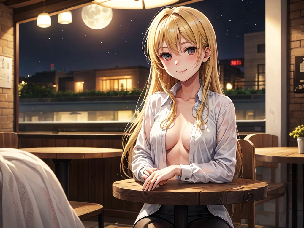 (original photo, best quality), 1 blonde girl, moon, natural lighting, Upper body, naked shirt, cafes, Smile, Satosh Khan Art Style