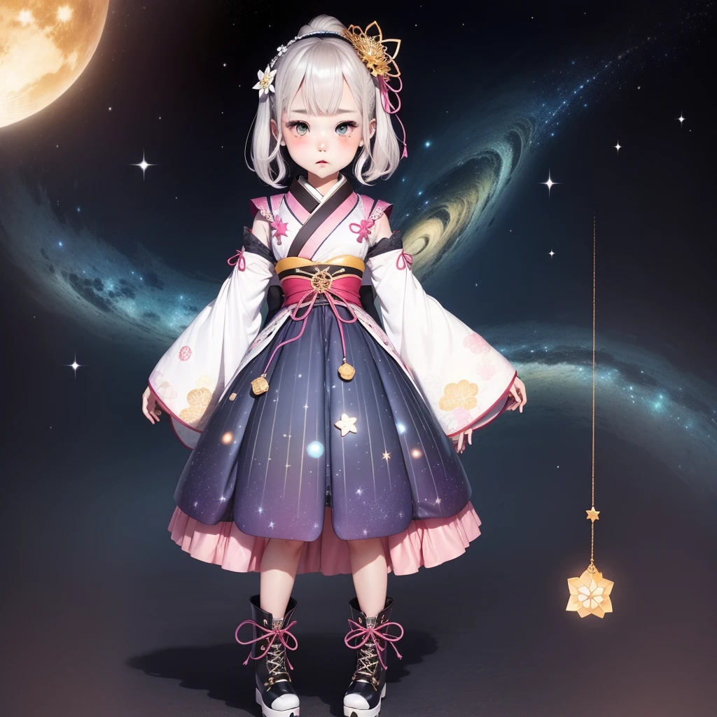 1girl、vtuber-fullbody、Star Fairy、masterpiece、official art、Super detailed、super beautiful、かわいいStar Fairy、white straight short hair、Milky Way、universe、star charm、star、baby face、Knee-high boots、Japanese pattern dress、A beautiful girl wearing black and white clothes that are a remake of a yukata.、universeを思わせるOiranフリルドレス、Oiran、simple background、