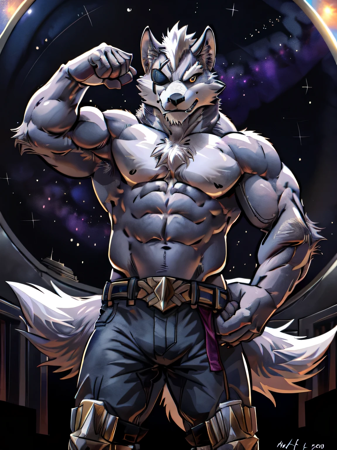 wolf o'donnell, posing for the camera, showing off. 4k, high resolution, best quality, posted on e621, solo, anthro body, male, adult, masculine, (very muscular, strong chest, abs, pectorals, biceps:1.1), correct anatomy, (dusk, space clouds, galaxy, stars:1.0), (by wfa:1.1), (by negger:1.0), (cel shaded:1.2), cartoony shading, confident, strong, (wolf tail:1.0), (pants, belt:1.1), (half body:1.2), (detailed eyes:1.1), handsome, looking at camera, eyepatch, tough guy pose, flexing biceps, licking bicep, langshu