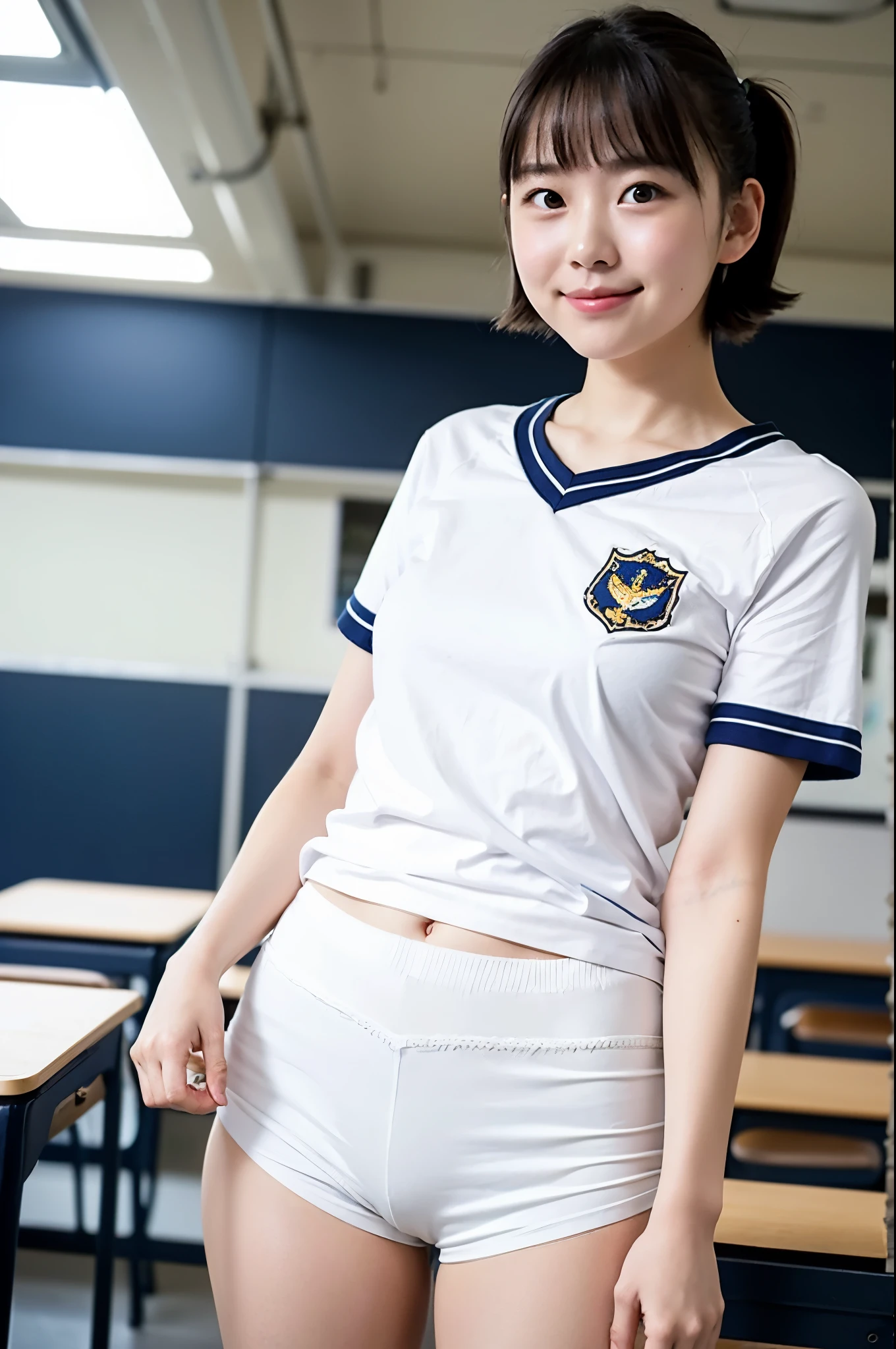 girl standing in classroom,short-sleeved white school long t-shirt with navy blue trim,white panties,18-year-old,bangs,a little smile,thighs,knees,short hair and low ponytails with barrette,from below,front light