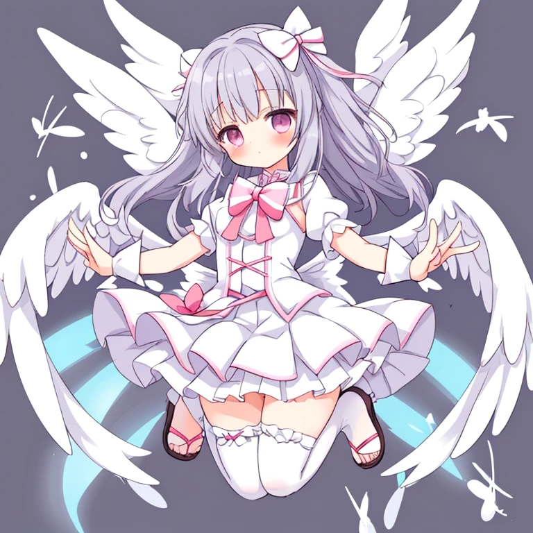 Magical girl,white skirt,Tied with some ribbons,There is a pair of cute little wings on the back,The thighs are tightly wrapped in pure white stockings,On the feet is a pair of gray sandals