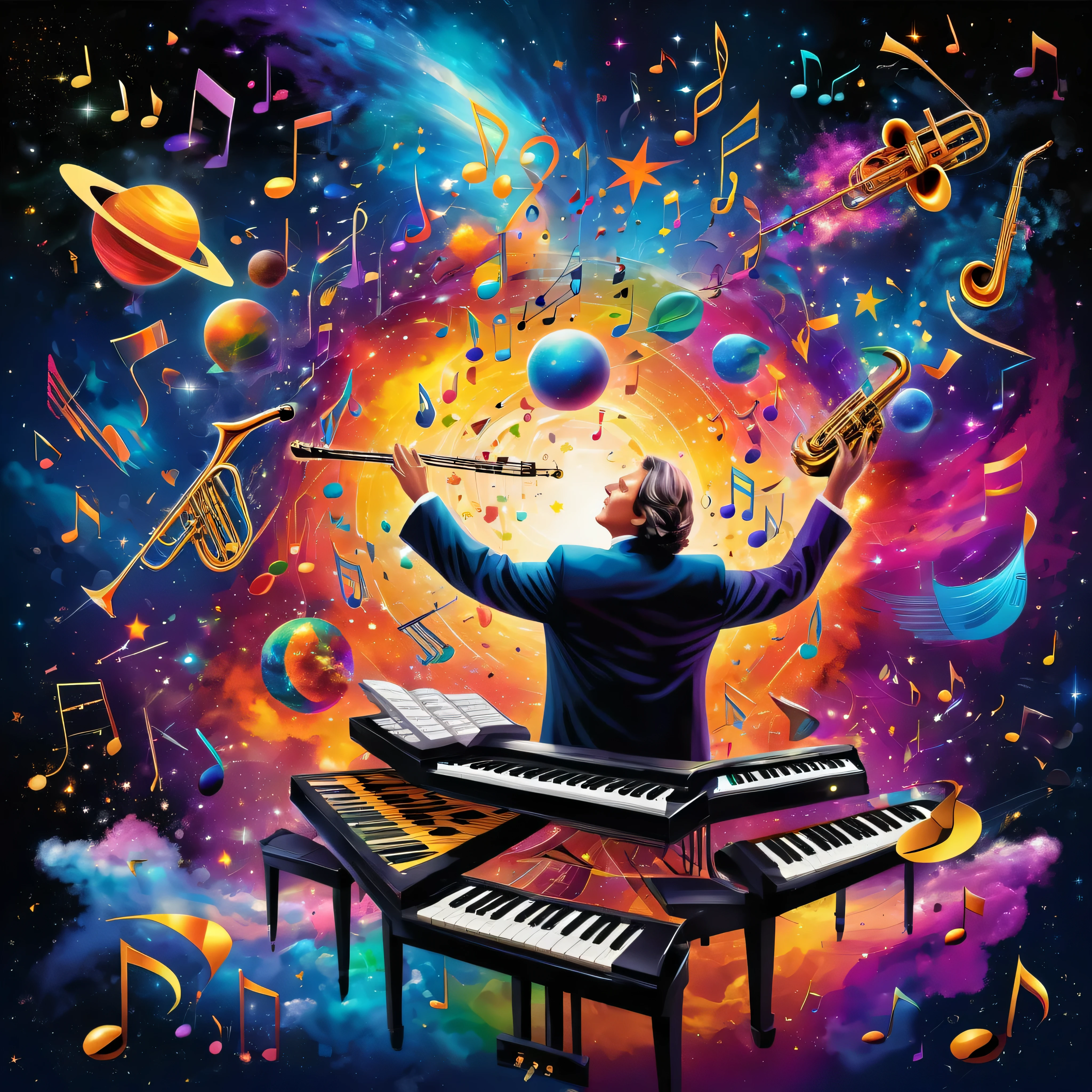 A cosmic explosion of vibrant colors and shapes, with a central figure of a galactic symphony conductor surrounded by musical notes and instruments and music synthetizers.