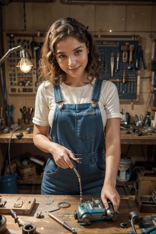 A girl in a workshop,artistic tools,meticulously detailed face,expressive eyes,precise lines on the nose,beautifully defined lips,curly hair,playful smile,creative genius,working on a mechanical invention,vintage machinery,sparkling wrench,glowing soldering iron,toy-like gadgets,innovative designs,animated personality,adorable outfit,blue denim overalls,brown boots,holding a tiny screwdriver,partially disassembled contraption,tools scattered around,organized chaos,comfortable workbench,well-lit space,soft pastel colors,creative energy flowing,happy and focused expression,inspired surroundings,cute and whimsical atmosphere,masterpiece:1.2,high-resolution
