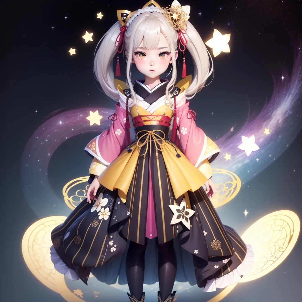 1girl、vtuber-fullbody、Star Fairy、masterpiece、official art、Super detailed、super beautiful、かわいいStar Fairy、white straight short hair、Milky Way、universe、star charm、star、、Knee-high boots、Japanese pattern dress、A beautiful girl wearing black and white clothes that are a remake of a yukata.、universeを思わせるOiranフリルドレス、Oiran、simple background、