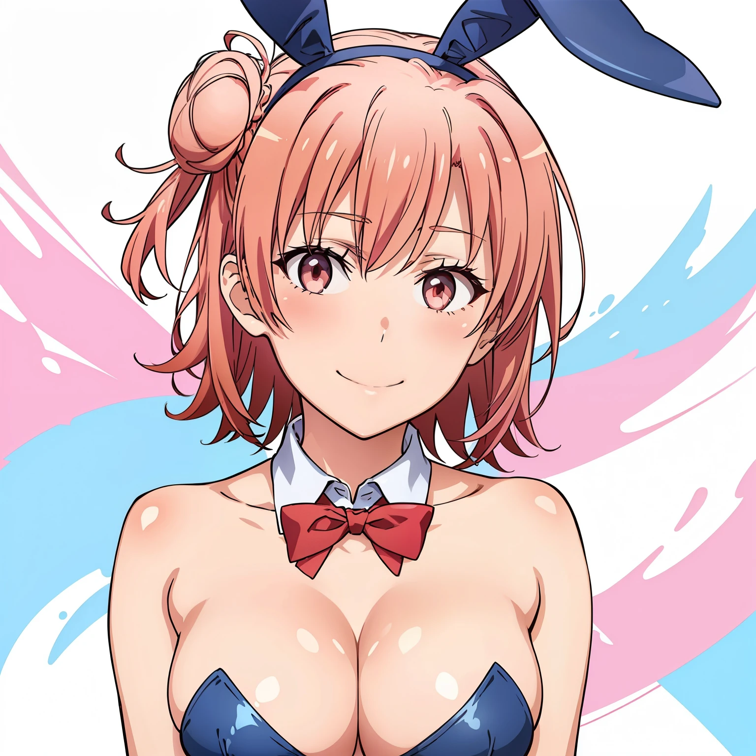 ((masutepiece, Best Quality, hight resolution, nffsw, Perfect Pixel, depth of fields, 4K, )), 1girl in, Solo, , Beautiful anime girl, Beautiful Art Style, close up, Looking at Viewer, Perfect body, Yuigahama Yui, Short hair, single hair bun, pink hair, (large boob), Full face blush, Smile, thighs thighs thighs thighs, navy playboy bunny, red bowtie, white background, portrait shot, Focus,