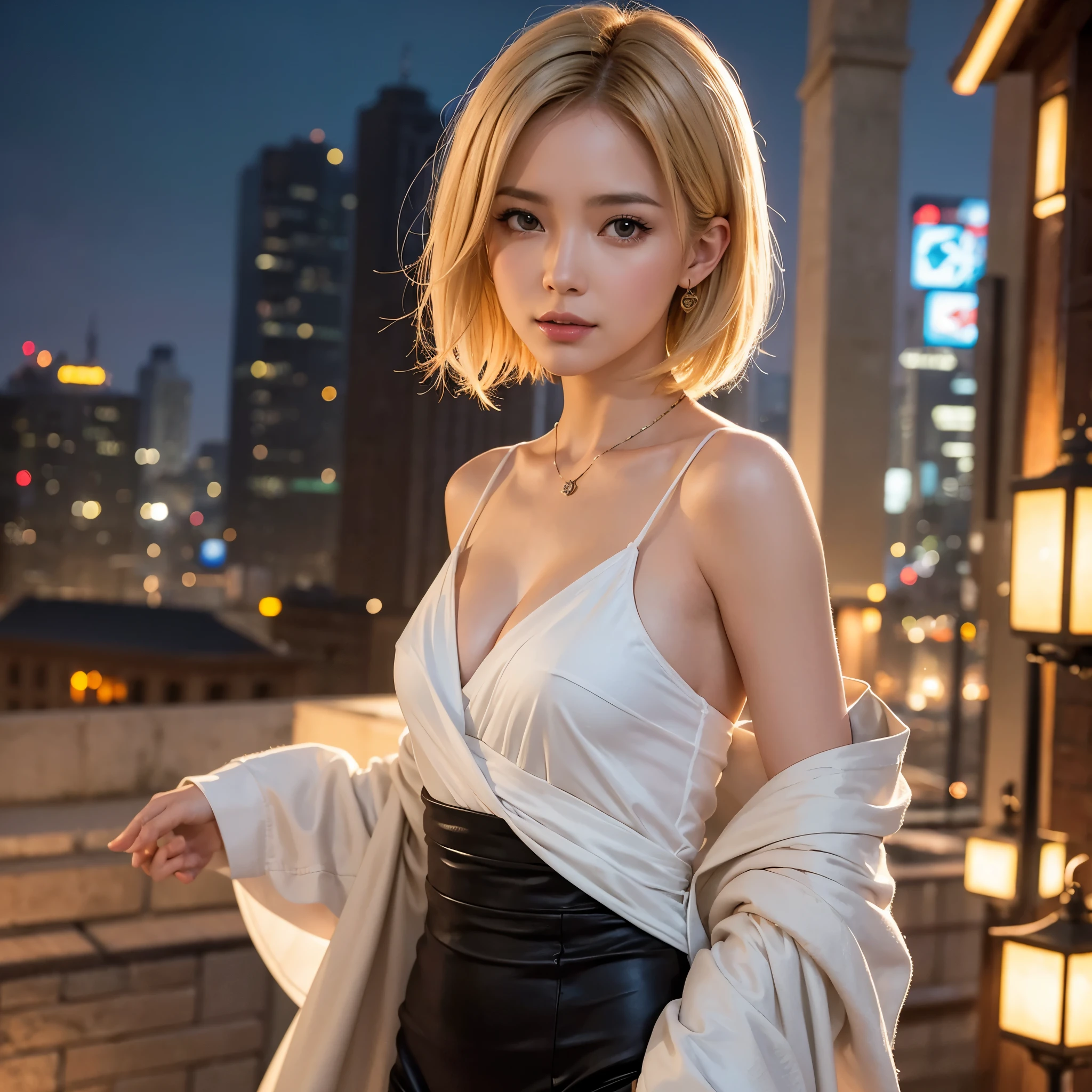 (1 Girl Solo, Sexy , Blonde Hair, Short Hair, waved hair, :1.2), (Sexy woman, Cowboy shot, , :1.3), ((anatomically correct)), (Futuristic Portrait), (Close-Up:1.3), rim lighting, (In The City, Night, depth of field :1.2), no futuro telhado de luz neon, SSCI - FI e Fantasia, intrincado e muito bonito e elegante, altamente detalhado, pintura digital, art-station, arte conceitual, smooth and sharp focus, illustration, Arte de Tan Zi e Ayanamikodon e Alphonse Mucha e Wlop, surrealism, shadowing, anaglyph, stereograms, tachi-e, angle of view, Atmospheric perspective, Sparkle, god light, art-deco, Social realism, High detail, 8K, Super detail, Best quality, Textured skin, Masterpiece, ccurate