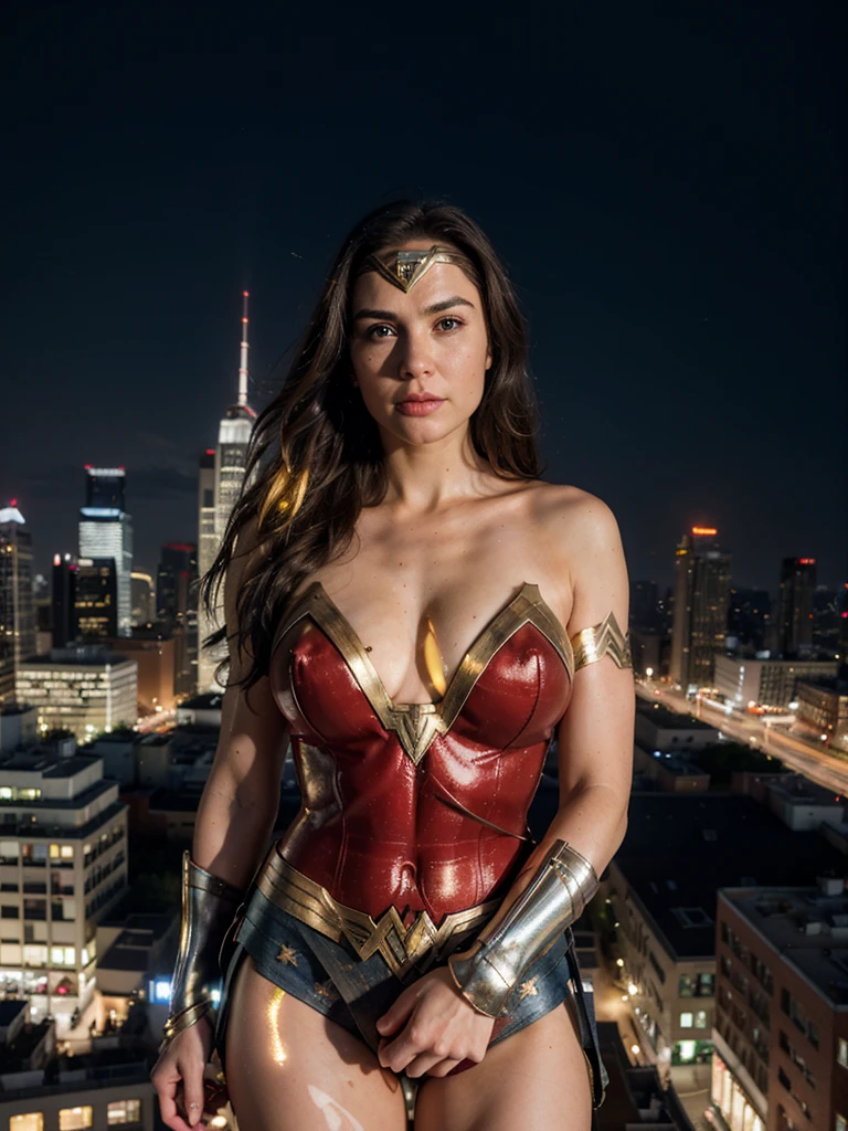 hyperrealism, (photorealistic:1.2), (photorealistic light:1.3), masterpiece, best quality, perfect detail, professional photo, realistic photo, raw photo, realistic style, detailed face, Wonder Woman, bib breast, posing on the roof of a skyscraper, night, lights  cities.