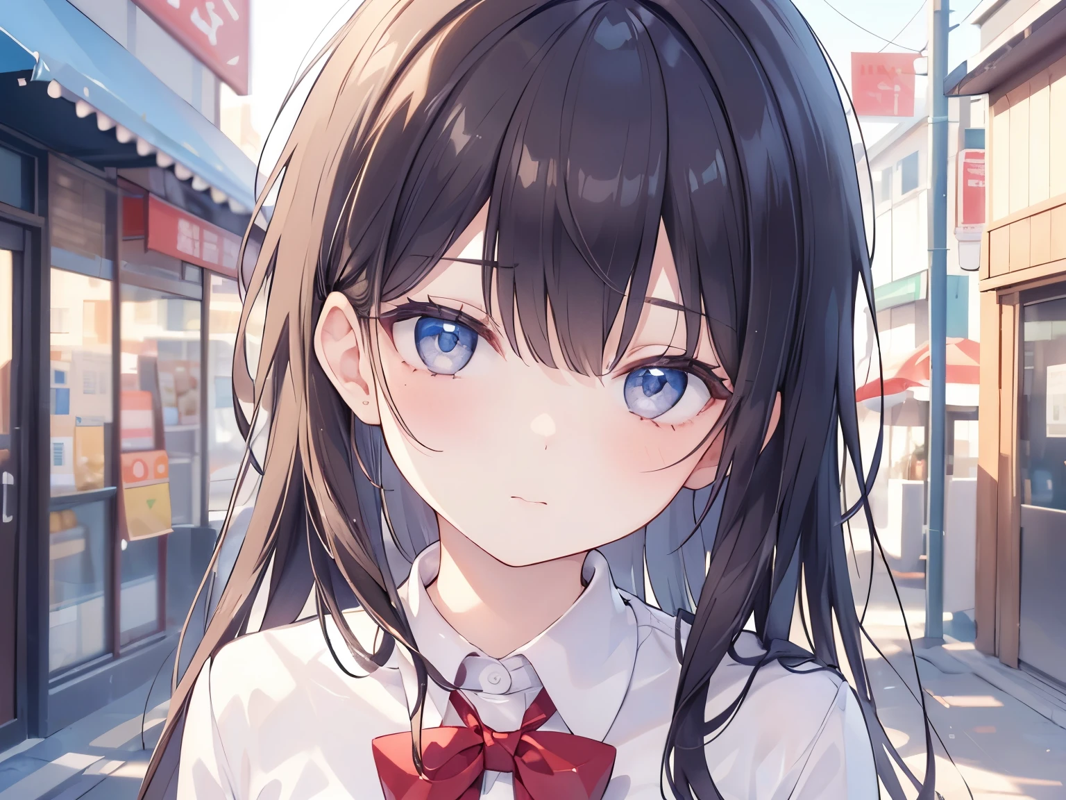 (((Best quality, 8k, Masterpiece: 1.3)), Sharp focus, Slim abdomen,  (White shirt), (Street: 1.2), Highly detailed face and skin texture, Detailed eyes, Double eyelid, Japanese high school girl, brown hair, sleepy face, (in high school), (high school uniform)