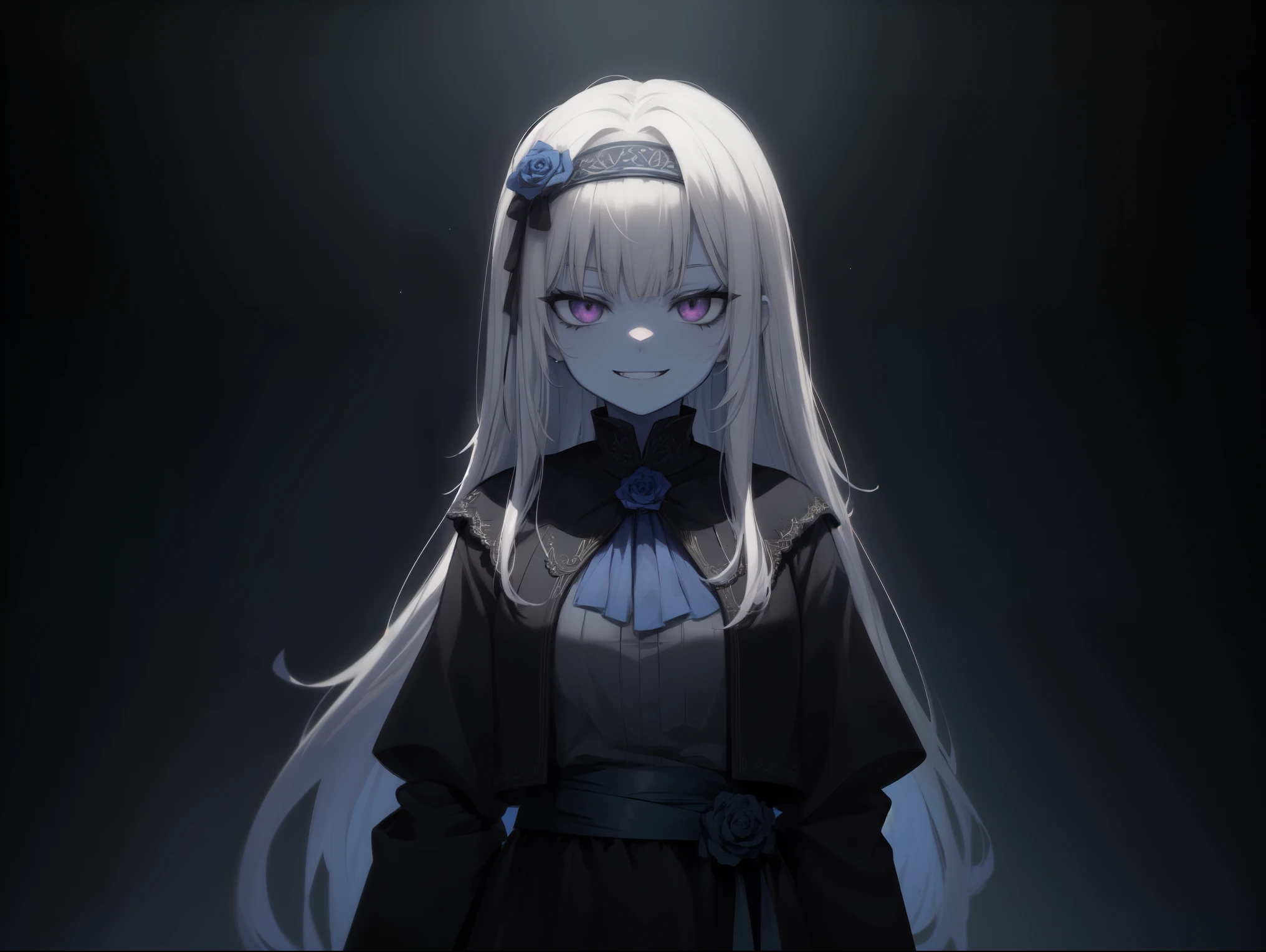 ((solo)), ((female)), solo, long hair, straight hair, white hair, purple eyes, ((blue skin, blue face, blue body)), black necromancer robes blue rose vine headband, ((standing)), ((evil smile)), (up close), purple aura, dark dungeon setting, ((dark room)), candles, Very good figure, cinematic lighting, volume lighting, bright tone, warm color, colorful, masterpiece, super detail, high quality, best quality, highres, 16k,