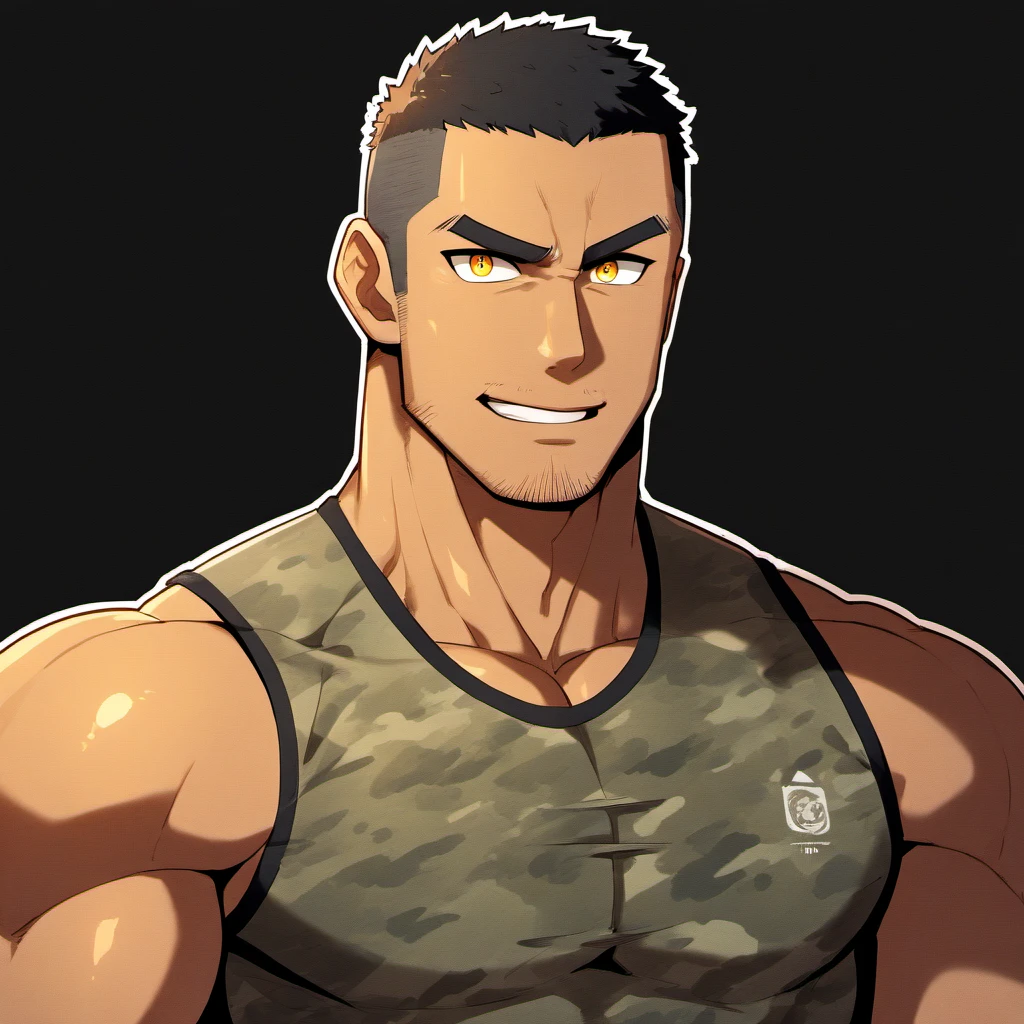 anime characters：Gyee, Fitness coach, Chocolate skin, 1 muscular tough guy, Manliness, male focus, Camouflage sleeveless T-shirt, Very tight, Slightly transparent, muscular male, muscular, only, Upper body, alone, Black short hair, Thick eyebrows, stubble, Yellow eyes, Black background, simple background, amazing quality, best aesthetics, Ridiculous, bright pupils, crew cut, parted lips, forced smile, drop shadow, best quality