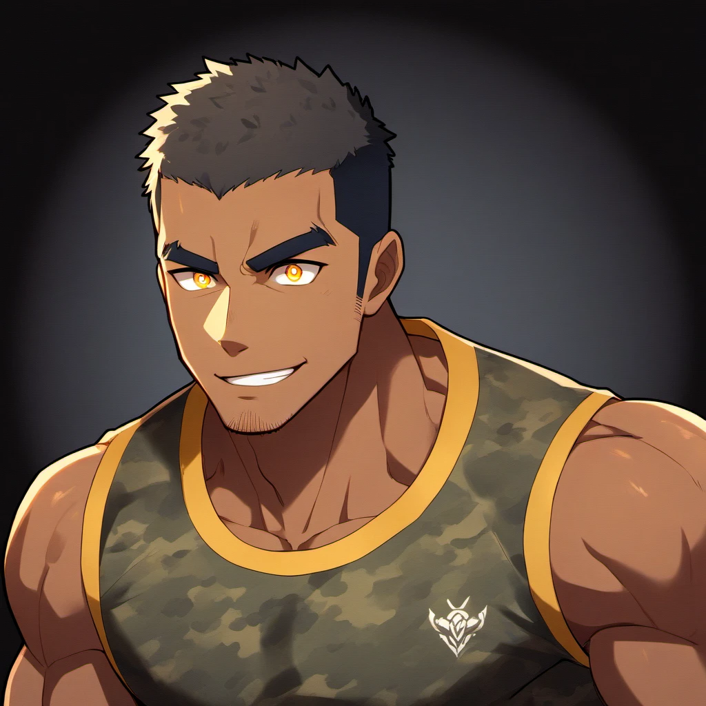 anime characters：Gyee, Fitness coach, Chocolate skin, 1 muscular tough guy, Manliness, male focus, Camouflage sleeveless T-shirt, Very tight, Slightly transparent, muscular male, muscular, only, Upper body, alone, Black short hair, Thick eyebrows, stubble, Yellow eyes, Black background, simple background, amazing quality, best aesthetics, Ridiculous, bright pupils, crew cut, parted lips, forced smile, drop shadow, best quality