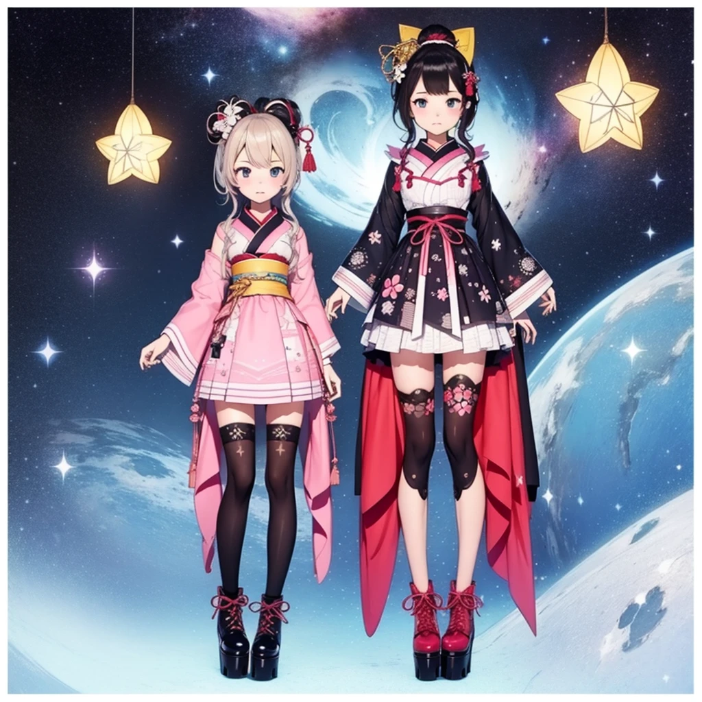 1girl、vtuber-fullbody、Star Fairy、masterpiece、official art、Super detailed、super beautiful、かわいいStar Fairy、white straight short hair、Milky Way、universe、star charm、star、baby face、Knee-high boots、Japanese pattern dress、A beautiful girl wearing black and white clothes that are a remake of a yukata.、universeを思わせるOiranフリルドレス、Oiran、simple background、