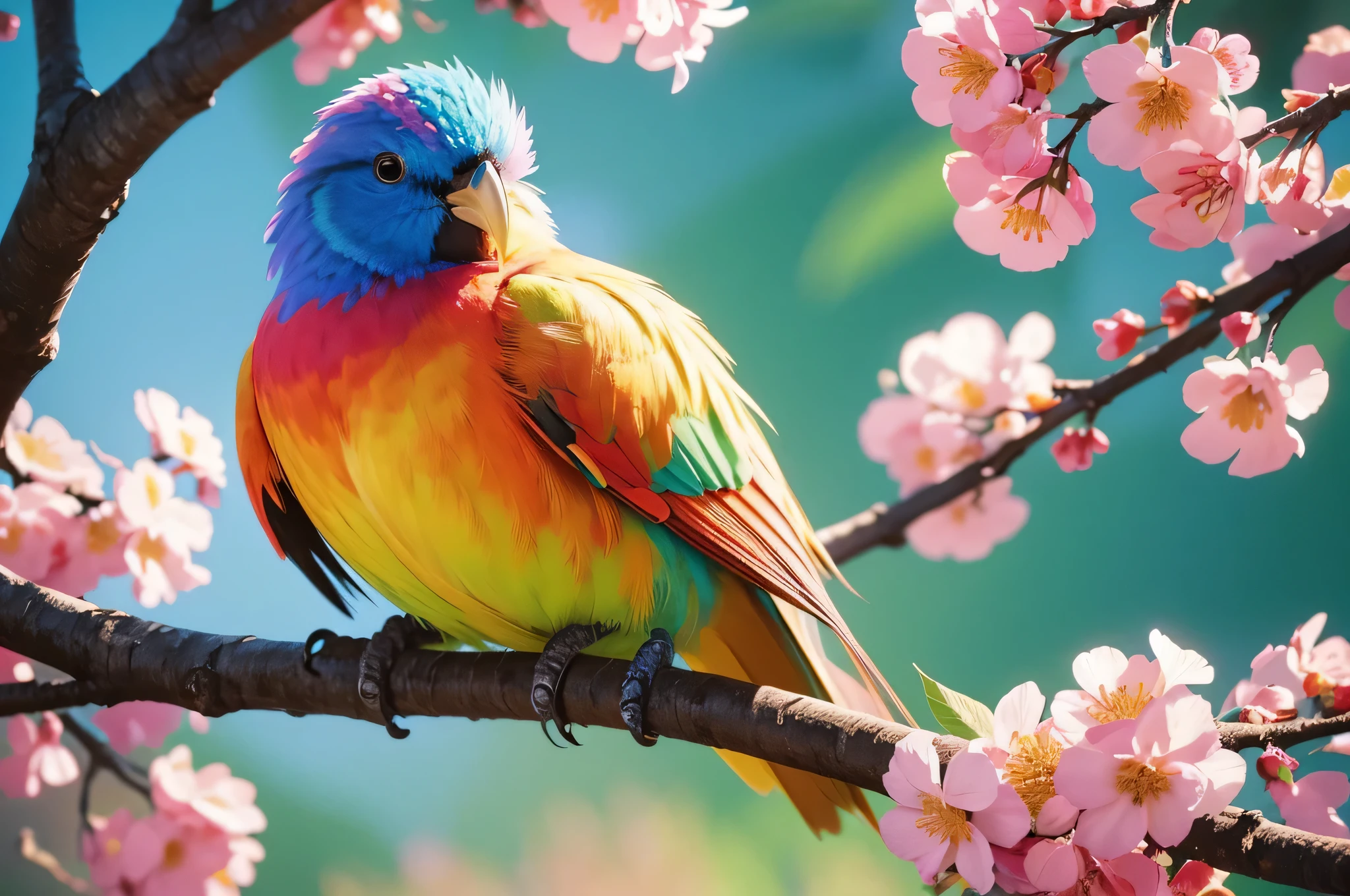 Colorful bird sitting on a branch with leaves and flowers, Digital Painting by Filip Hodas, blinds, fantasy art, Colorful 8k, Colorful HD pictures, 4k highly detailed digital art, Beautiful art ultra hd 4k, Colorful bird, Vibrant true colors, Beautiful and colorful, Beautiful digital painting, Detailed 4k