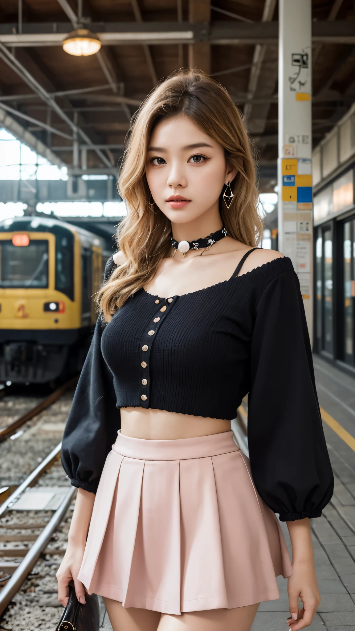 ((masuter piece)), ((top-quality)), (super detailing), ((High detail)), 4K, (8K), Top image quality, (Beautiful fece), Photos realistic, absurderes, Dating style, Pink hair、blue colored eyes,long whitr hair、耳Nipple Ring、Open navel,pink off-shoulder sweater, Pink lace miniskirt, satisfied look, Natural beautiful light, Beautiful beautiful woman、coffeehouse、sit on chair、looking at viewert
