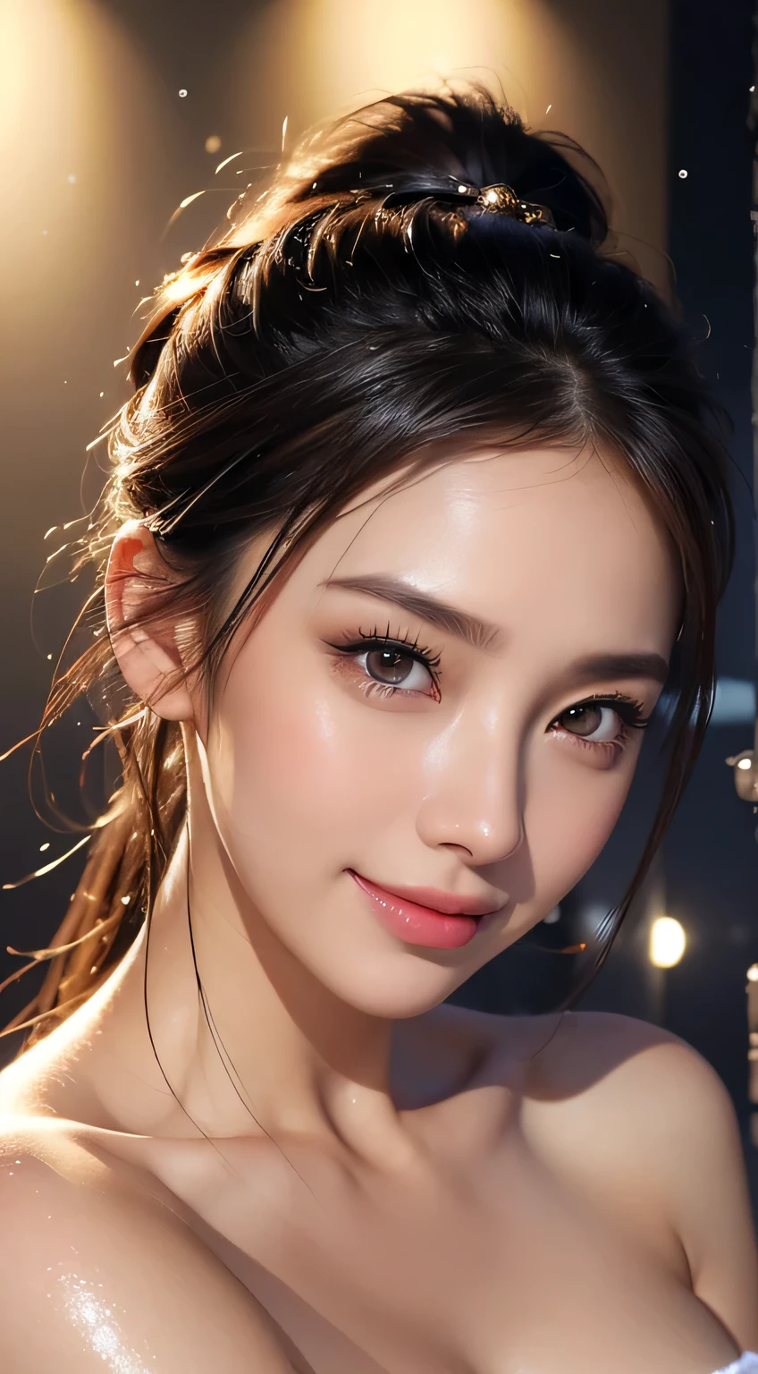 Beautiful woman,body portrait、8K,thin and beautiful eyes,Dindal effect、masterpiece, 最high quality, high quality, High resolution、very detailed photos、(natural skin texture、fine skin、hyper realism、Super sharpness)、high detail skin、(very detailed、fine skin texture、intricate details、beautiful face、(lifelike face)、realistic eyes、beautiful and detailed eyes、ponytail、real looking skin、beautiful skin、big breasts、G cup、glamorous、shiny skin、oily skin、Take a shower in the bathroom、surreal、very detailed、golden ratio、with smiling eyes、((night moonlight background))、body portrait