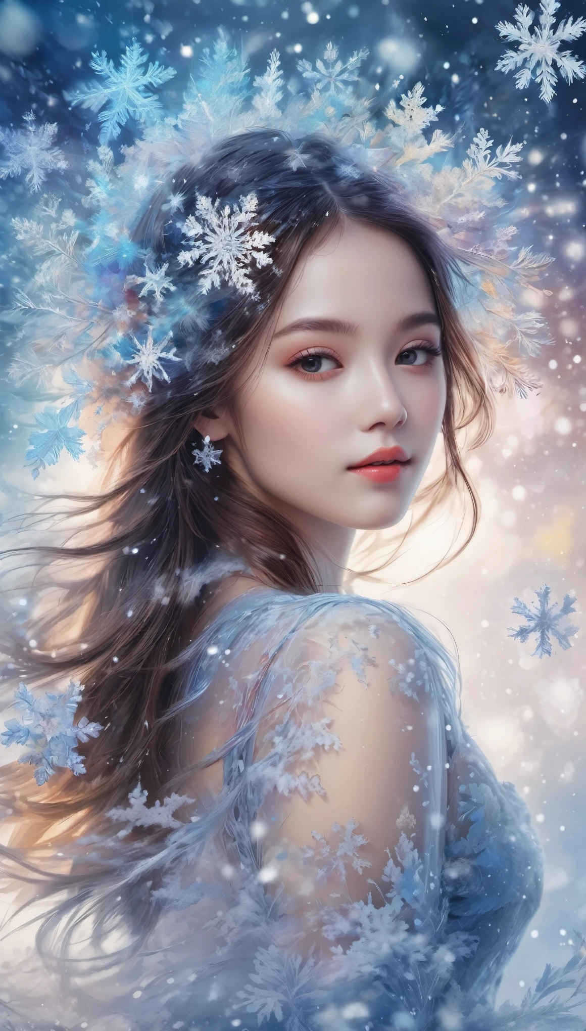 （the masterpiece，top quality，Best quality，official art，Beauty and aesthetics：1.2），1 girl，Portrait with double exposure（Snowflakes are dancing in the air），extremely detailed，（fractal art：1.3），Extremely colorful，The most detailed