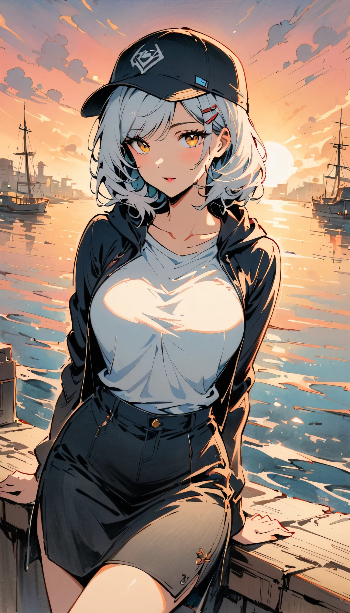 Retro movie style, medium shot, depth of field, movie angle, masterpiece, best quality, pretty face, exquisite eyes, a girl, alone, long white hair, yellow eyes, hairpin, White shirt, black hooded jacket, black baseball cap, Black over-the-knee boots, Sunset, Medieval port, port, Detailed water surface, sun reflection, traditional media,
