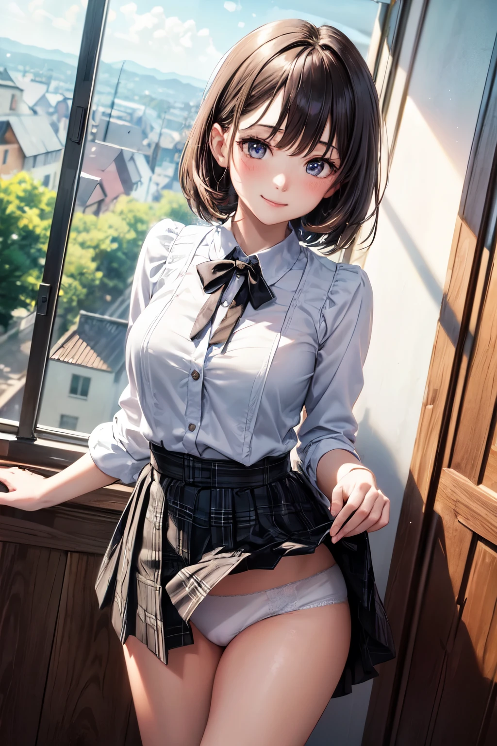 very cute and beautiful girl,(highly detailed beautiful face),
(smile),blush,black hair,white blouse,ribbon,(pleated plaid mini skirt),standing,skirt lift,white panties,
wooden classroom,window,distant trees and town,
(best quality,masterpiece:1.0),absurdres,highres,ultra-detailed,extremely detailed,32k,8k resolution,
intricate details,cinematic scene,detailed background,solo,dynamic angle,