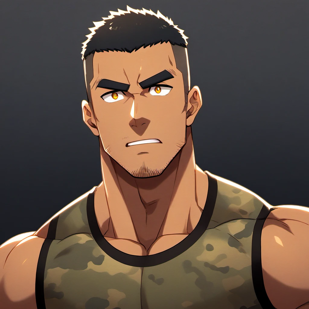 anime characters:Gyee, Fitness coach, Chocolate skin, 1 muscular tough guy, Manliness, male focus, Camouflage sleeveless T-shirt, Very tight, Slightly transparent, muscular male, muscular, only, Upper body, alone, Black short hair, Thick eyebrows, stubble, Yellow eyes, Black background, simple background, amazing quality, best aesthetics, Ridiculous, bright pupils, crew cut, parted lips, chin grab, jitome, drop shadow, best quality