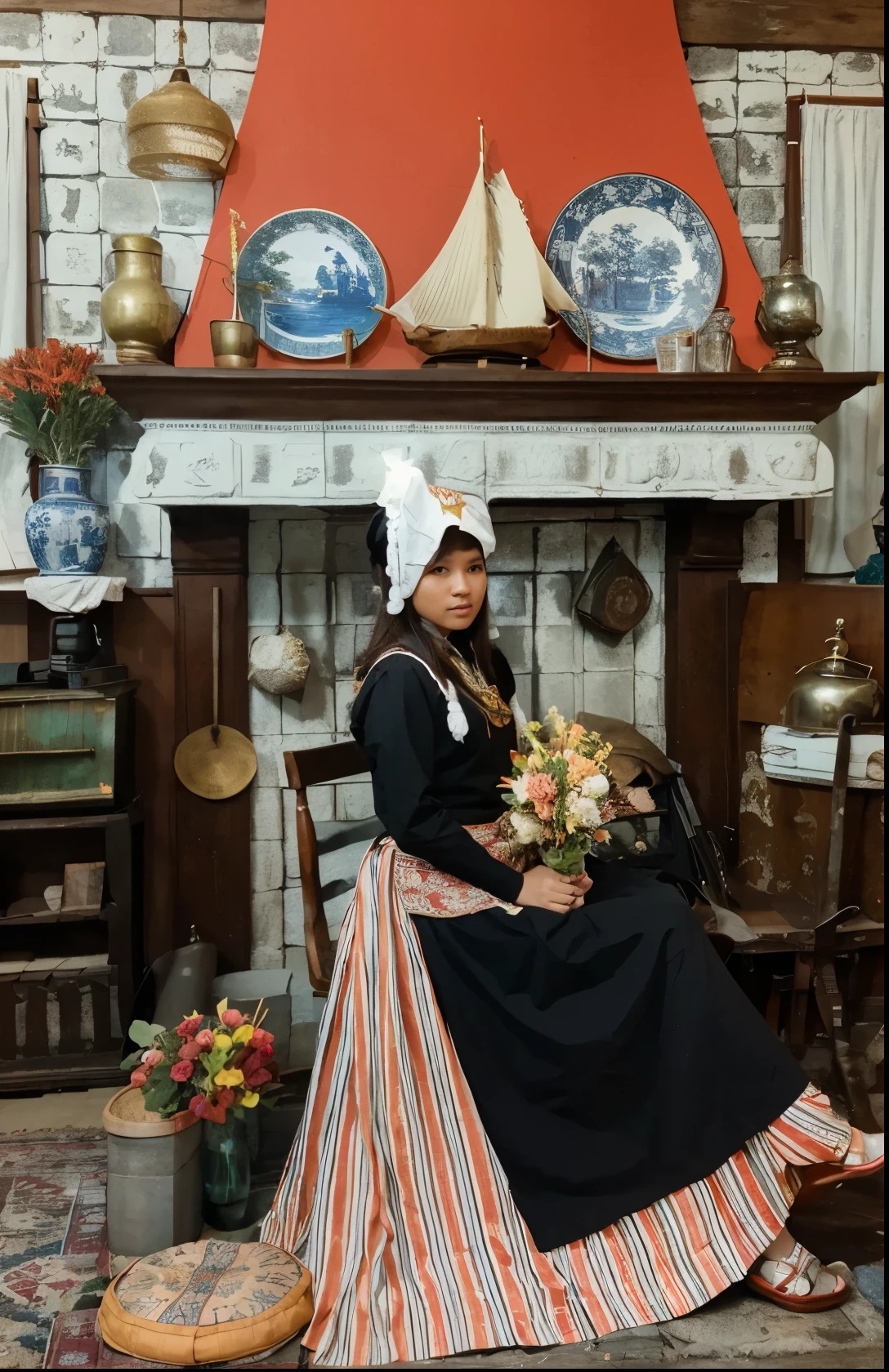 there is a beautiful Indonesian woman sitting in a chair in front of a fireplace, museum photoshot, traditional costume, inspired by Carl Larsson 24  th century dutch attire, traditional dress, in a museum room, in the museum, traditional clothes, dutch, inspired by Dirck Hals, inspired by Francisco de Holanda, by Francisco de Holanda, dutch style