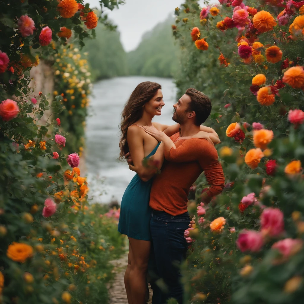 Un couple charmant vivants heureux avec les fleurs au tour d'eux 