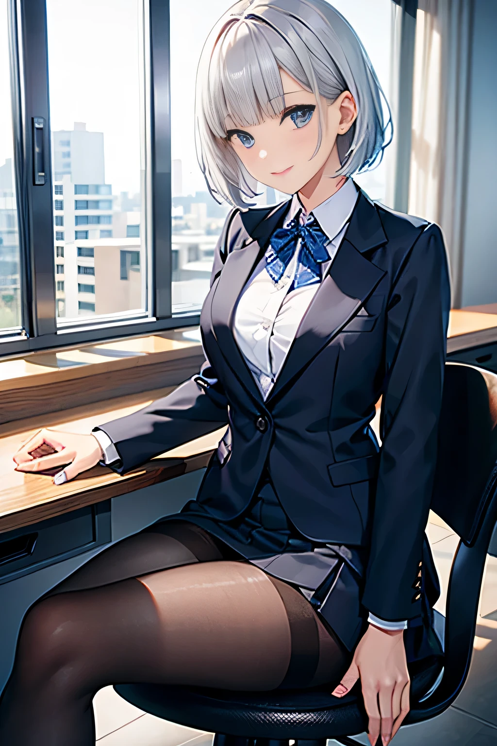 (Office girl suit,dark blue jacket,white blouse,dark blue skirt,black pantyhose over white panties),((1girl,cute,young,pixie cut beautiful silver hair,blunt bangs,twin tales,beautiful eyes)),(solo),((masterpiece, highest resolution,best quality)), (beautiful illustration),(Office girl suit,dark blue jacket,white blouse,dark blue skirt,black pantyhose over white panties),(looking at the viewer), innocent smile,cinematic lighting,Sitting in the office chair,day,window,desk,blue sky,