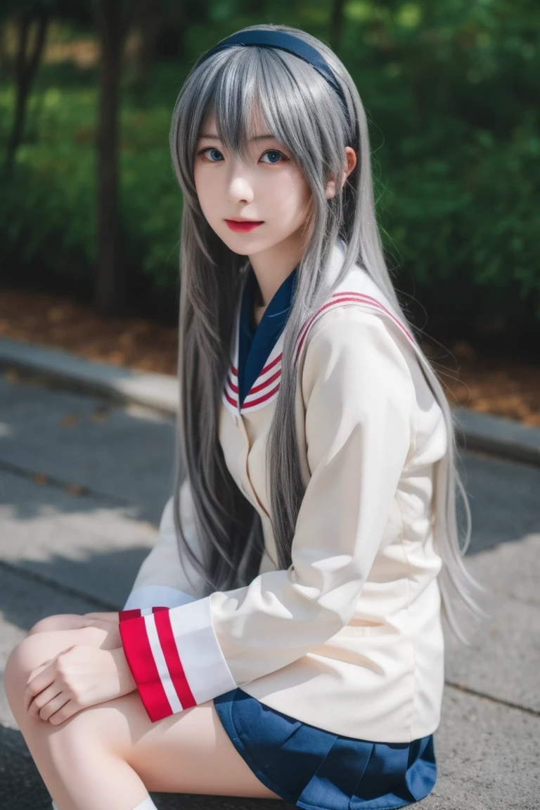 ltra-detailed,highly detailed,best quality,masterpiece,illustration,realistic,photorealistic,
sakagami tomoyo, hikarizaka private high ,
1girl, solo, cosplay,
grey hair, very long hair, bangs, hairband, 
looking at viewer, sitting, 
 
