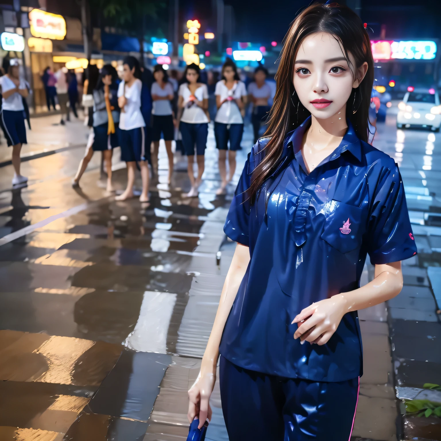 Songkran, wet street , soaked realistic young girl, drenched, dripping, wet clothes, wet skin, wet hair, 8k, masterpiece, photorealistic, beautiful,peformth purple,navy long trackpants,wet:1.5,white powder dirty