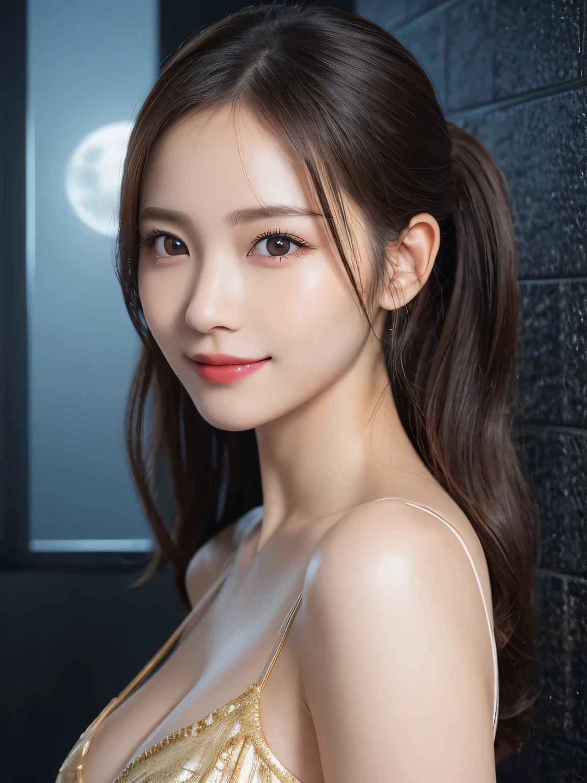 Beautiful woman，body portrait、8K，thin and beautiful eyes，Dindal effect、masterpiece, 最high quality, high quality, High resolution、very detailed photos、(natural skin texture、fine skin、hyper realism、Super sharpness)、high detail skin、(very detailed、fine skin texture、intricate details、beautiful face、(lifelike face)、realistic eyes、beautiful and detailed eyes、ponytail、real looking skin、beautiful skin、big breasts、G cup、glamorous、shiny skin、oily skin、Take a shower in the bathroom、surreal、very detailed、golden ratio、with smiling eyes、((night moonlight background))、body portrait