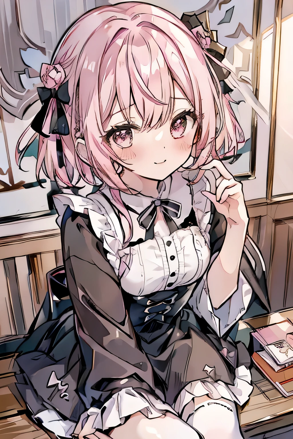 table top, highest quality, (perfect face:1.1), (high detail:1.1), (very detailed目), dramatic, Ultra-fine illustration, very detailed,1 girl, ager,(pale skin), Happy, smile, enjoy,open your mouth,glow eye,pink hair,straight hair,mysterious eyes, pink eyes,blush, alone,swollen lips,cinematic lighting, Upper body,look up, leaning forward,long sleeve, Gothic Lolifrills, ribbon,knee high socks,indoor
