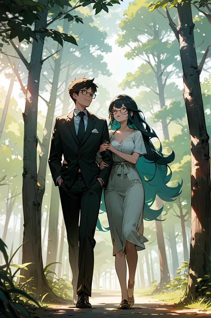 A couple walking in the woods,The sun shines through the leaves,Boys with glasses,tall and big,Girls hair growth