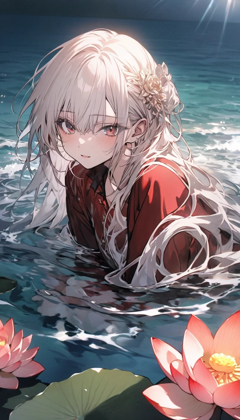 In the middle of the night, the blood moon is high, there is a female ghost bleeding blood and tears all over her wounds and broken clothes, sitting in the pool, eating blood and tears, drinking bones, looking at it from a distance, very terrifying, close up, can scare you to death, terrible, ugly appearance, tattered clothes, scars