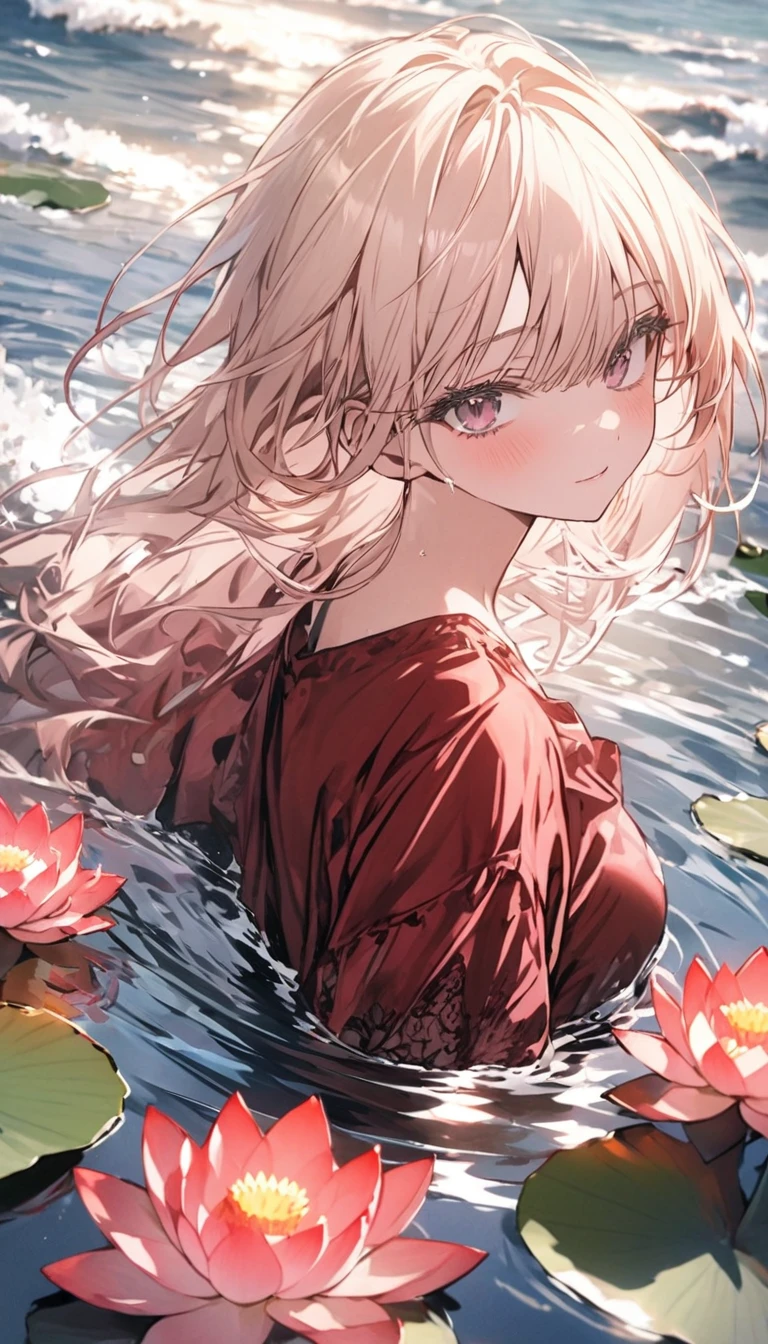 (最high quality、masterpiece、High resolution、detailed)、,BREAK,(美Newアニメ), girl, alone, shirt, I'm watching you, face, perfection, flowers, high quality, shine, knight, god々New, red shirt, Red velvet, water, Ocean, lotus