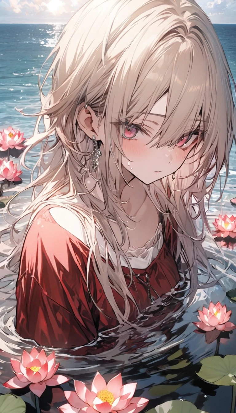 (最high quality、masterpiece、High resolution、detailed)、,BREAK,(美Newアニメ), girl, alone, shirt, I&#39;m watching you, face, perfection, flowers, high quality,  shine, knight, god々New, red shirt, Red velvet, water, Ocean,  lotus