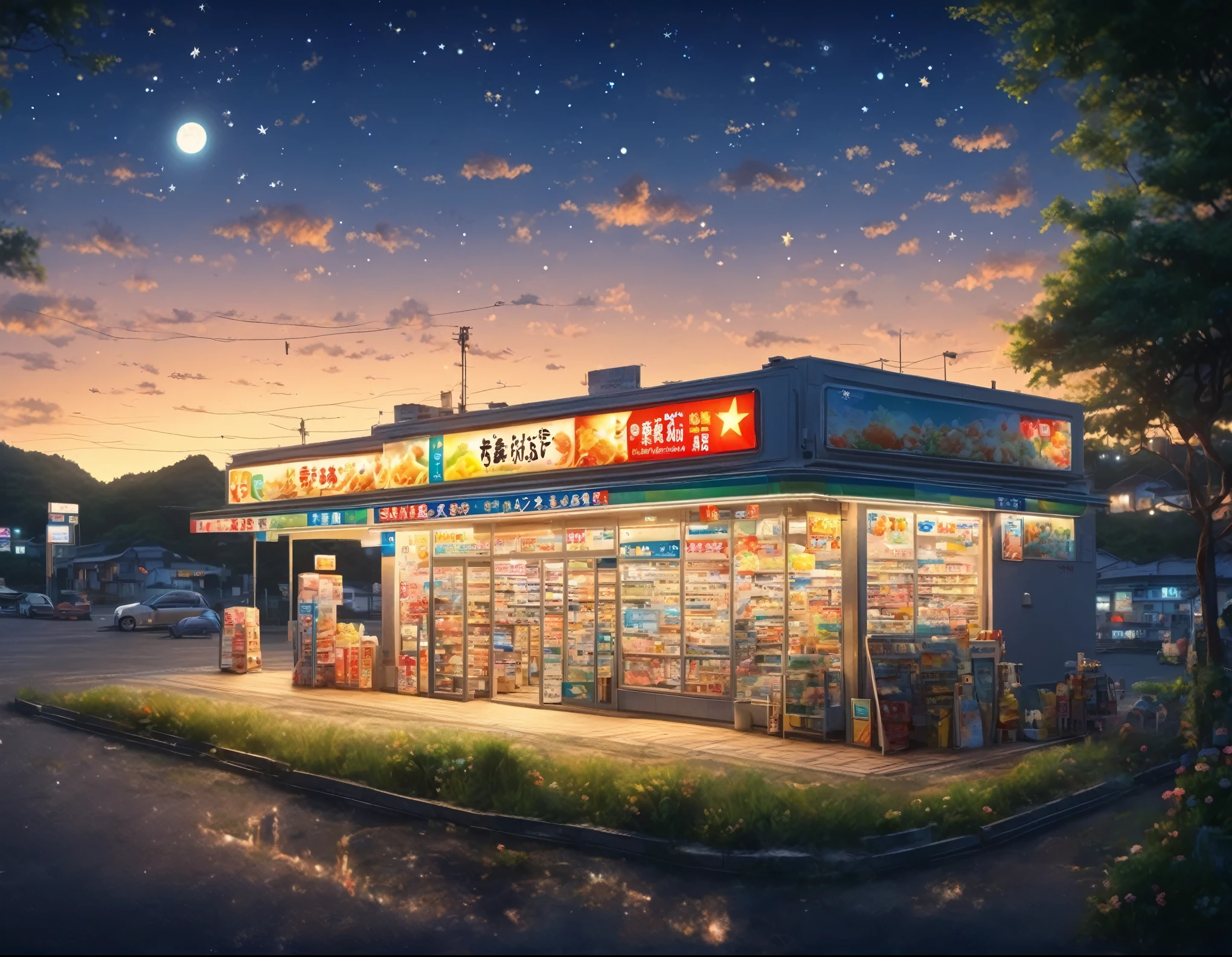 Countryside landscape photography,late night,field,Convenience store in the center:famima, konbini, scenery, storefront,,Gentle Light,star空の下,満天のstar空が広がる,fantasy,,summer night,late night,star,Sparkling,masterpiece,最高masterpiece,advertising photo,highest quality,intricate details,Carefully draw down to the smallest detail,beautiful light and shadow
