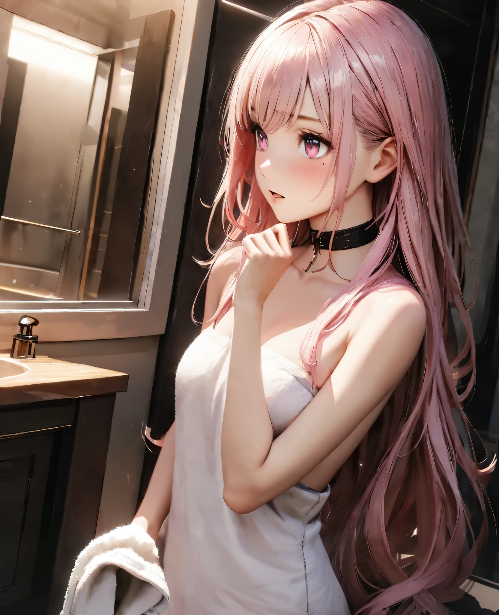 Masterpiece, Best Quality, Super Detailed, High Definition, Expensive Resolution, HDR, 4k, 8K, Unity 8k Wallpaper, Super Detailed CG, Masterpiece, Realistic, 2D, 3D, Beautiful Details, Depth, Fine Texture, Super Fine: 1.3, Full concentration, crispy skin, him, very cute anime girl, expensive pink long hair, one girl, after washing hair, bath towel, pink long hair, whole body, mole under the eye, line of sight, expensive, blush, parted lips , heart, pink eyes, choker