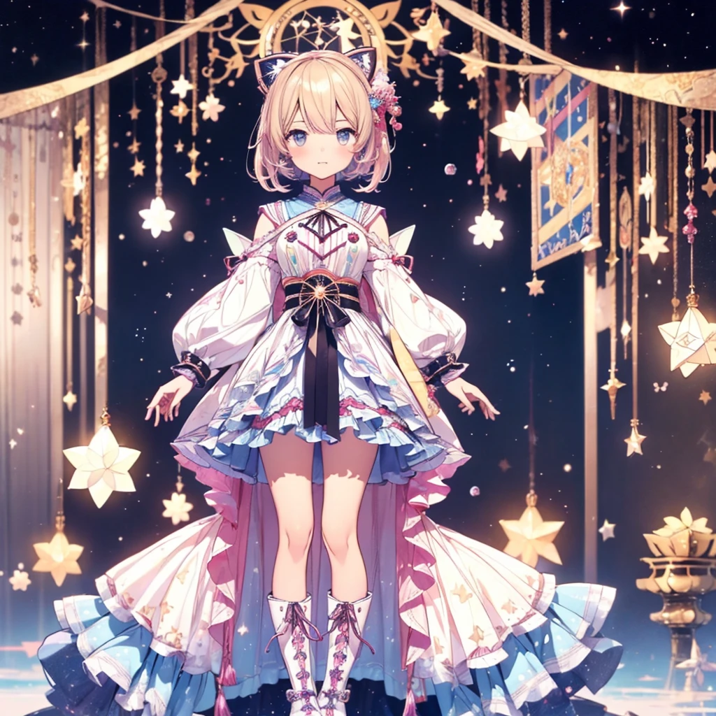 1girl、vtuber-fullbody、Star Fairy、masterpiece、official art、Super detailed、super beautiful、かわいいStar Fairy、white straight short hair、Milky Way、universe、star charm、star、、Knee-high boots、Japanese pattern dress、着物をリメイクしたOiranフリルゴスロリ、universeを表現したMilky Way柄Oiranフリルドレス、Oiran