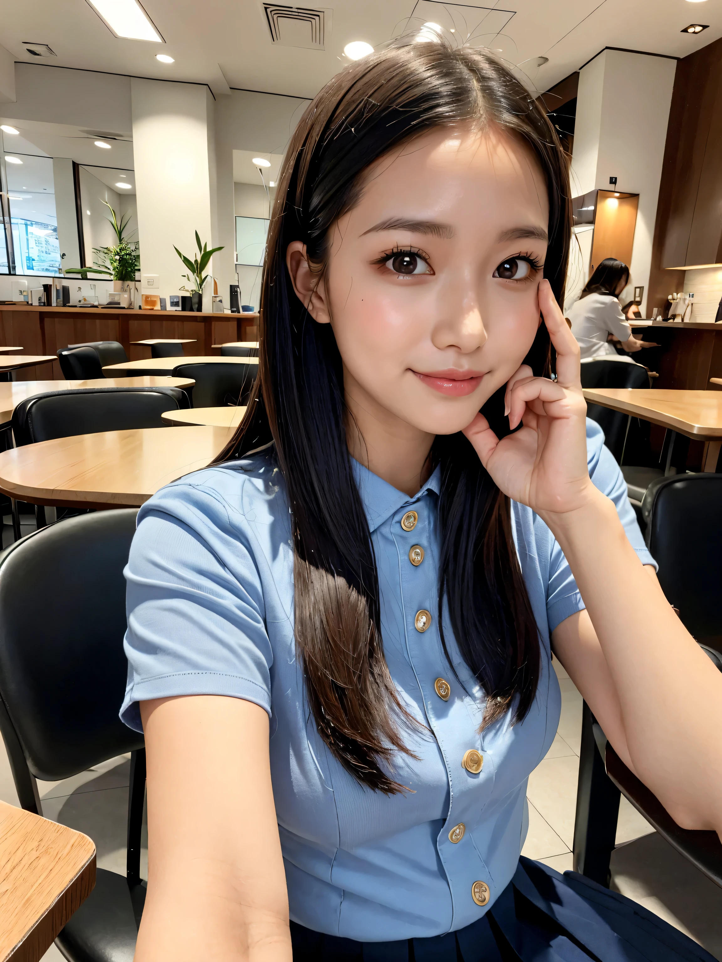 (high quality,4k,8K,High resolution,table top:1.2),Super detailed,(realistic,realistic,Photoreal:1.37), Portrait, detailed and beautiful eyes, beautiful detailed lips, short hair, uniform, 16 year old girl, Long-haired girl in a casual dress sitting in a coffee shop, gesture, big, Professional, Bright colors, soft lighting, subtle shadow, hair, shirt with buttons, pleated skirt, breeze, Stunning graceful posture, confident look, expressive eyes, Curved eyelashes, subtle blush, shining highlights, sharp details, soft skin, Precise shading, bright atmosphere, dynamic composition, realistic rendering, small round eyes, Indonesian Girls, Attractive small round eyes and glossy pink lips, A captivating cute smile, full portrait、expensive、Nogizaka Idol、korean idol、Gravure idol pose、adult woman