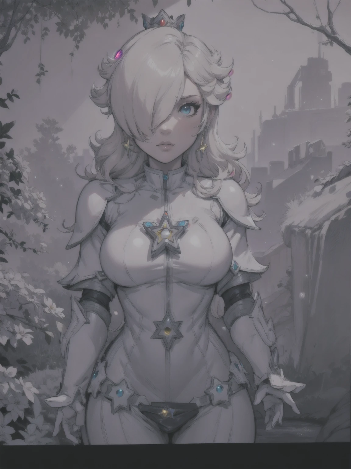 a milf rosalina in a space suit with a star on her chest, star guardian inspired, portrait of a curvy female anime hero, outlined!!!, line art!!, female protagonist, concept art!!, detailed fanart, body suit armor girl,