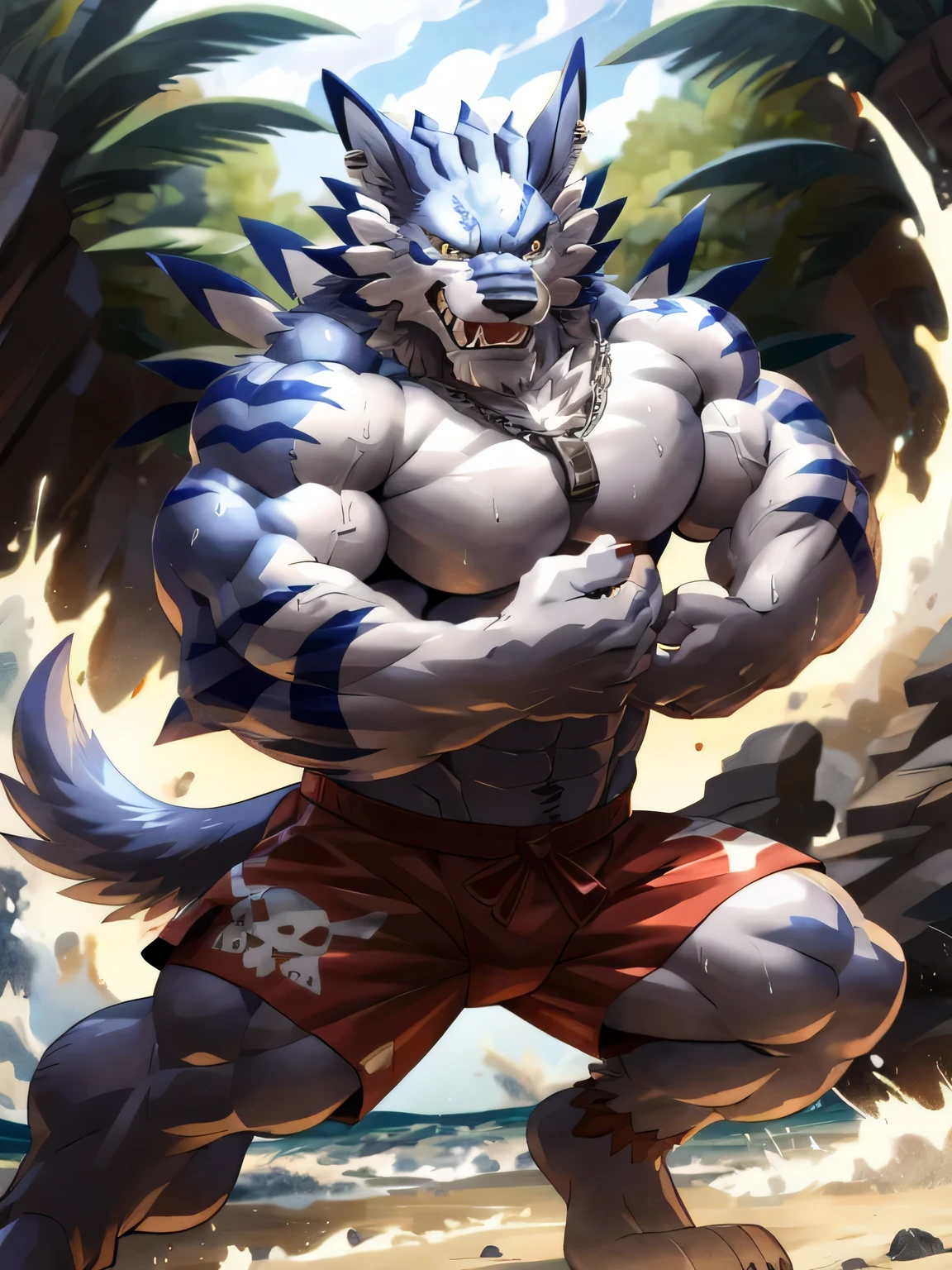 ultra quality:1.4, 4k, high resolution, best quality, color, smooth comics style, takemoto_arashi style, wfa style, solo, weregarurumon:1.0, muscles:1, heavyweight, massive build, vascular veins, anime martial arts, sweat:1.2, strong:1, masculine, (at the beach), dynamic scene, (wearing surf shorts), flexing biceps, licking biceps, detailed, detailed face, detailed eyes