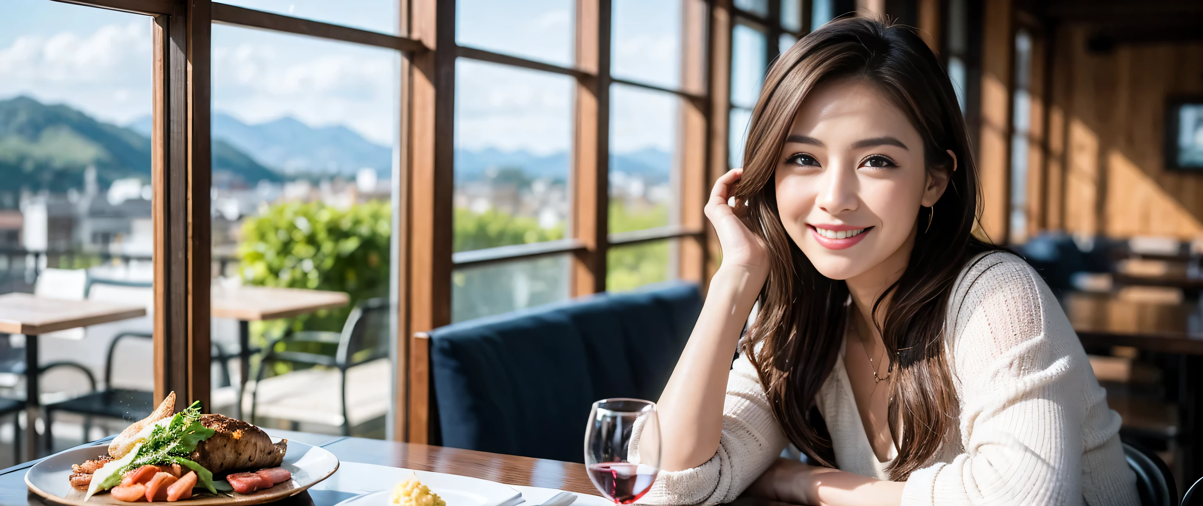 ((highest quality、8K、masterpiece:1.3))、Beautiful woman perfect body:1.4、Slim body、((Bob Hale、straight hair:1.2))、 ultra high resolution, bright image、2. Wine Beauties, beautiful face, blue eyes, fine eyes, light shines on your face, blush your nose, short hair,Spectacular view of the sunset sky and clouds、Amazing mountain views、A bright smile、A lovely woman with a smile、bright face、Fox face、lady、Champagne、Wine bottle、wine glass、red wine 、Appetizer、Italian food、two beauties、brown hair、shortcut、long sleeve shirt、winter fashion、dress、wine bottle、sparkling wine、Pretty Woman 1, (slim face), (brown hair), (shortcut), cheeks turn a little red, (42 years old), 39 years old, charming beauty、restaurant, nova frog style, actress, model, Upper body, White wine, slim, wine glass, wine glass placed in the middle, smile, (smile: 1.15), beautiful fine eyes, strong light and shadow,moist body:1.5、delicate eyes、brown hair、The hair is very shiny、