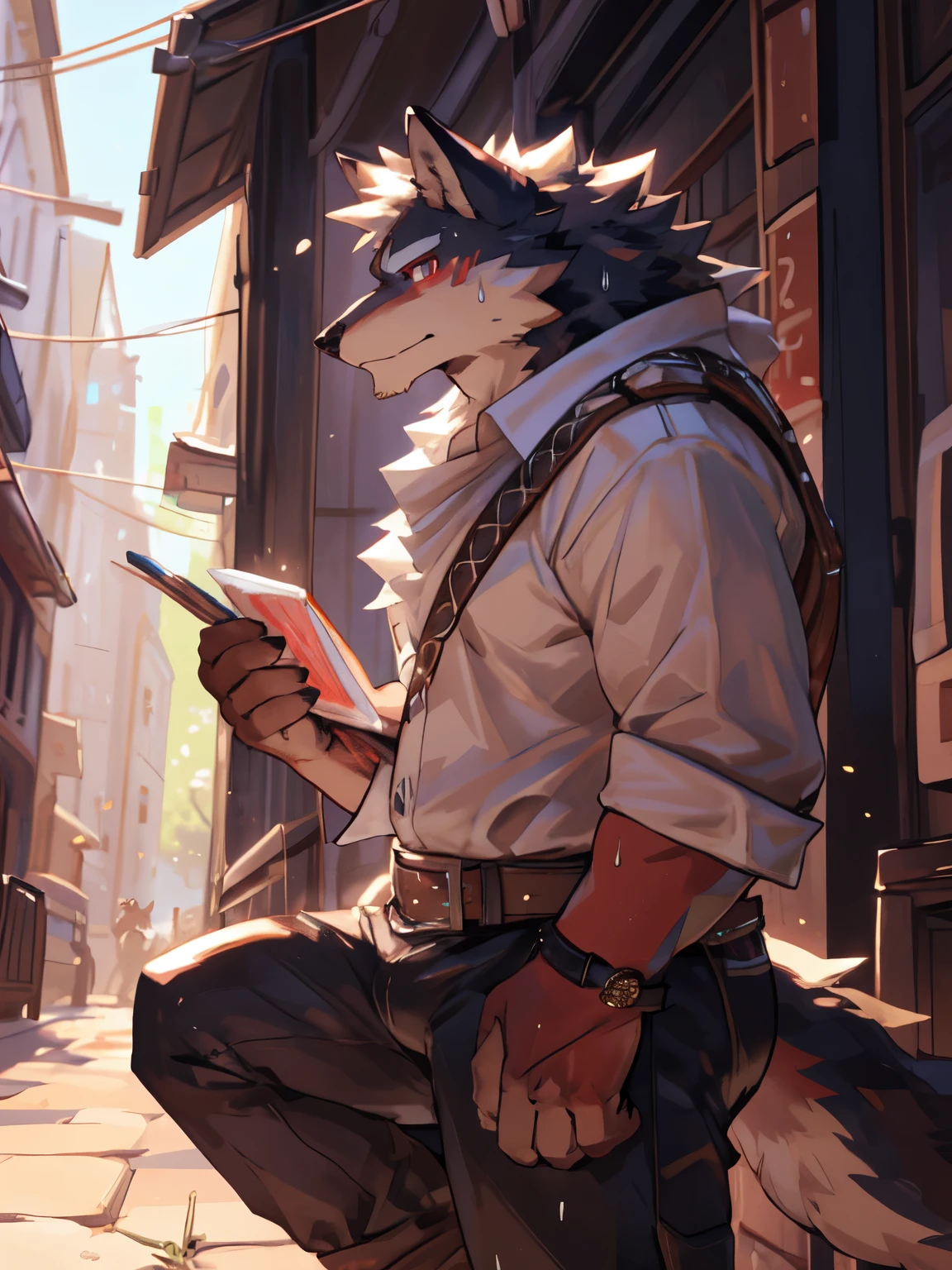 male, hairy, werewolf,red fur, ((Red and White| Red and White色 | red eyes)),perfect red eyes,(Reveal a white belly) ,(Realistic eye detail 1.2),(close-up),((cowboy shot)),(motion blur) ,(jitome), ((Wearing clothes,Pants)),Bare bottom, Muscular,middle age,male, (Ticket in hand),External,on the street,(Sweat),plant, hair curled up,bulge,(super detailed),sharp focus,tailed eyes,wolf tail ,best qua,lity,by bebebebebe, by zackary911