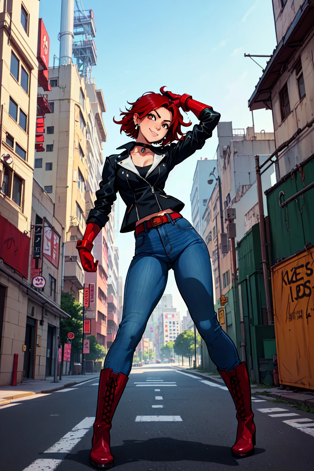 a Sukeban girl in the art style of persona5 and in the art style of street of rage 4, delinquent, (Sukeban), mature female, blush, mature, older woman, 26 years old, Sukeban teacher outfit, ((((1girl, solo female, solo, solo focus:1,9)))++++, choker, Sukeban teacher, Sukeban fighter, long sleeves, open jacket, blue jacket,( jeans)+++, light skin tone female, (full body)+++++, jacket, biker jacket, tape, arm support, gloves, red gloves, bridal gauntlets, nail polish, boots, black footwear, fighter outfit, (full body)+++++++, hourglass, mature face, cheeky smile, cheeky face, wrinkles, (((((red hair, short hair, earrings, ear piercings)))), red eye, fighting art, Martial arts, standing, fighting stance, fight, fighting), extra colors, 2D, megapixel, perfectionism, accent lighting, full HD , (Masterpiece:1.2), (full-body-shot:1),(cowboy shot:1.2), (Highly detailed:1.2),(anime Detailed Face:1.2), Colorful, A detailed eye, (Detailed landscape:1.2), (natural lighting:1.2), ((Sukeban school teacher)) by Vincent Di Fate: Aidyllery, Anamorphic Shot, rule of thirds, face by Artgerm and WLOP, ((street of rage 4 city backround)), fictive city backround in the style art of street of rage 4, gainax anime style, studio gainax art, studio gainax illustration, inspired by Masamune Shirow, studio gainax, by Masamune Shirow, beautiful charcter from evangelion, street of rage 4 art, street of rage 4 illustration,