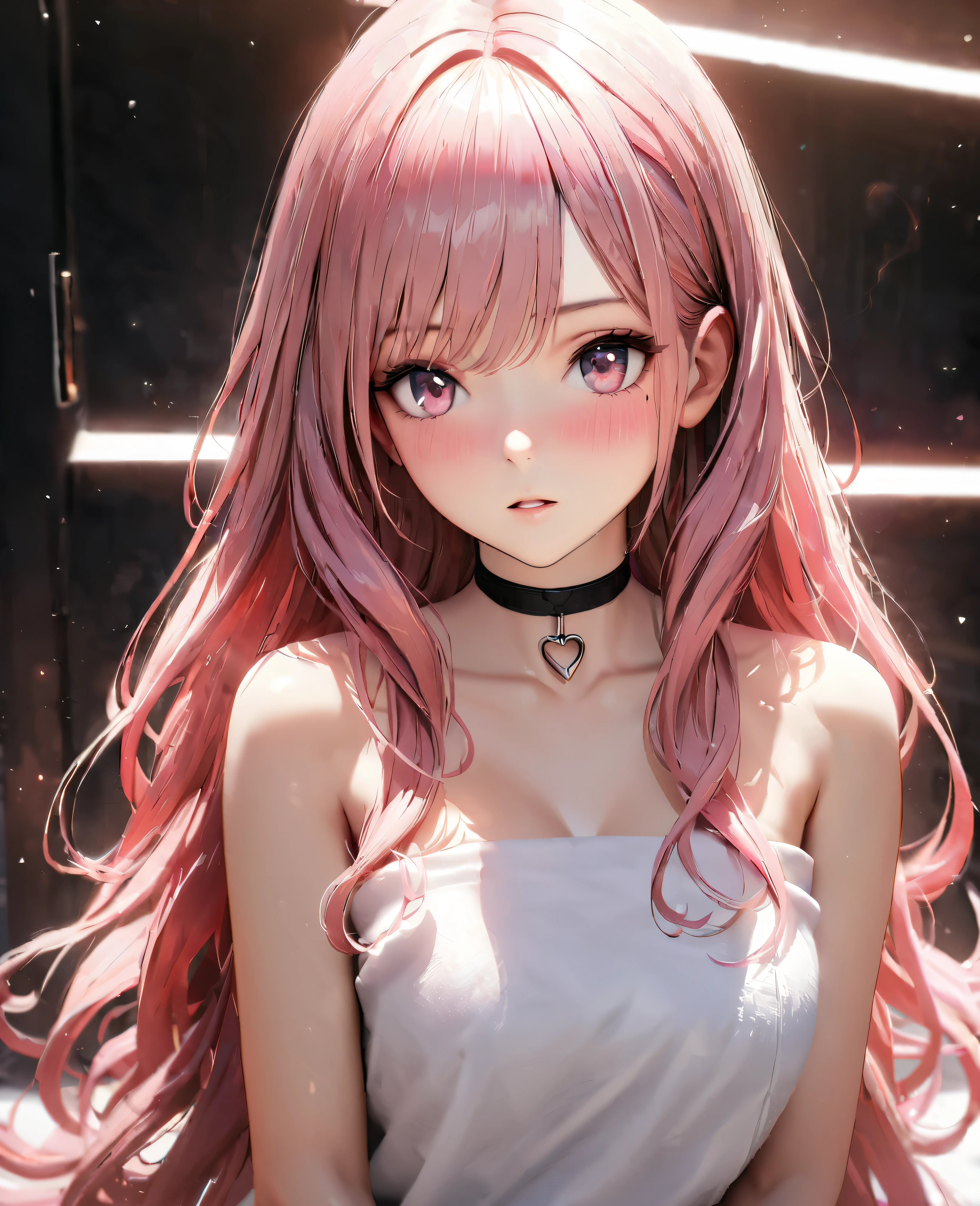 Masterpiece, Best Quality, Super Detailed, High Definition, Expensive Resolution, HDR, 4k, 8K, Unity 8k Wallpaper, Super Detailed CG, Masterpiece, Realistic, 2D, 3D, Beautiful Details, Depth, Fine Texture, Super Fine: 1.3, Full concentration, crispy skin, him, very cute anime girl, expensive pink long hair, one girl, after washing hair, bath towel, pink long hair, whole body, mole under the eye, line of sight, expensive, blush, parted lips , heart, pink eyes, choker