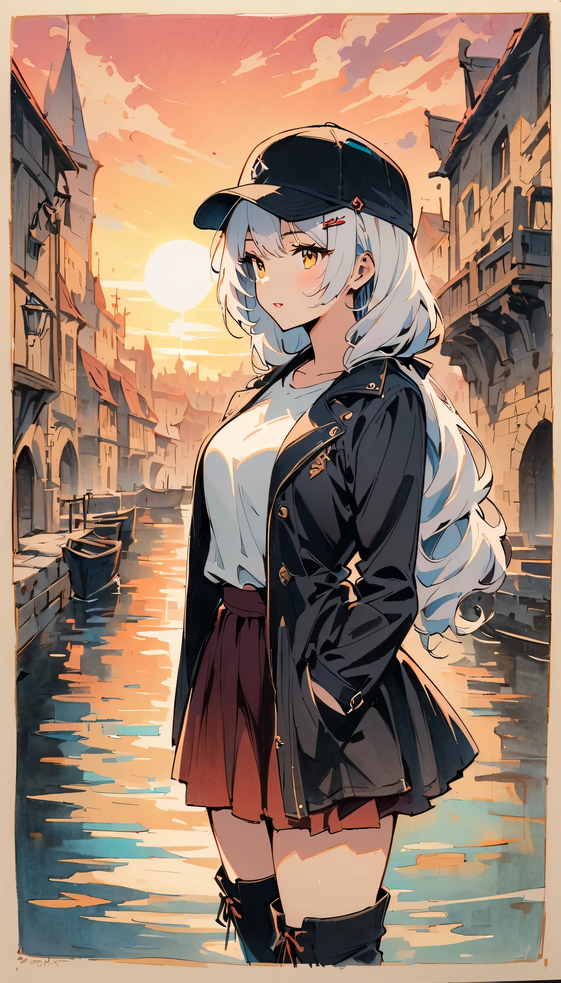 Retro movie style, medium shot, depth of field, movie angle, masterpiece, best quality, pretty face, exquisite eyes, a girl, alone, long white hair, yellow eyes, hairpin, White shirt, black jacket, black baseball cap, Black over-the-knee boots, Sunset, Standing in the medieval port, traditional media, Detailed water surface, sun reflection,