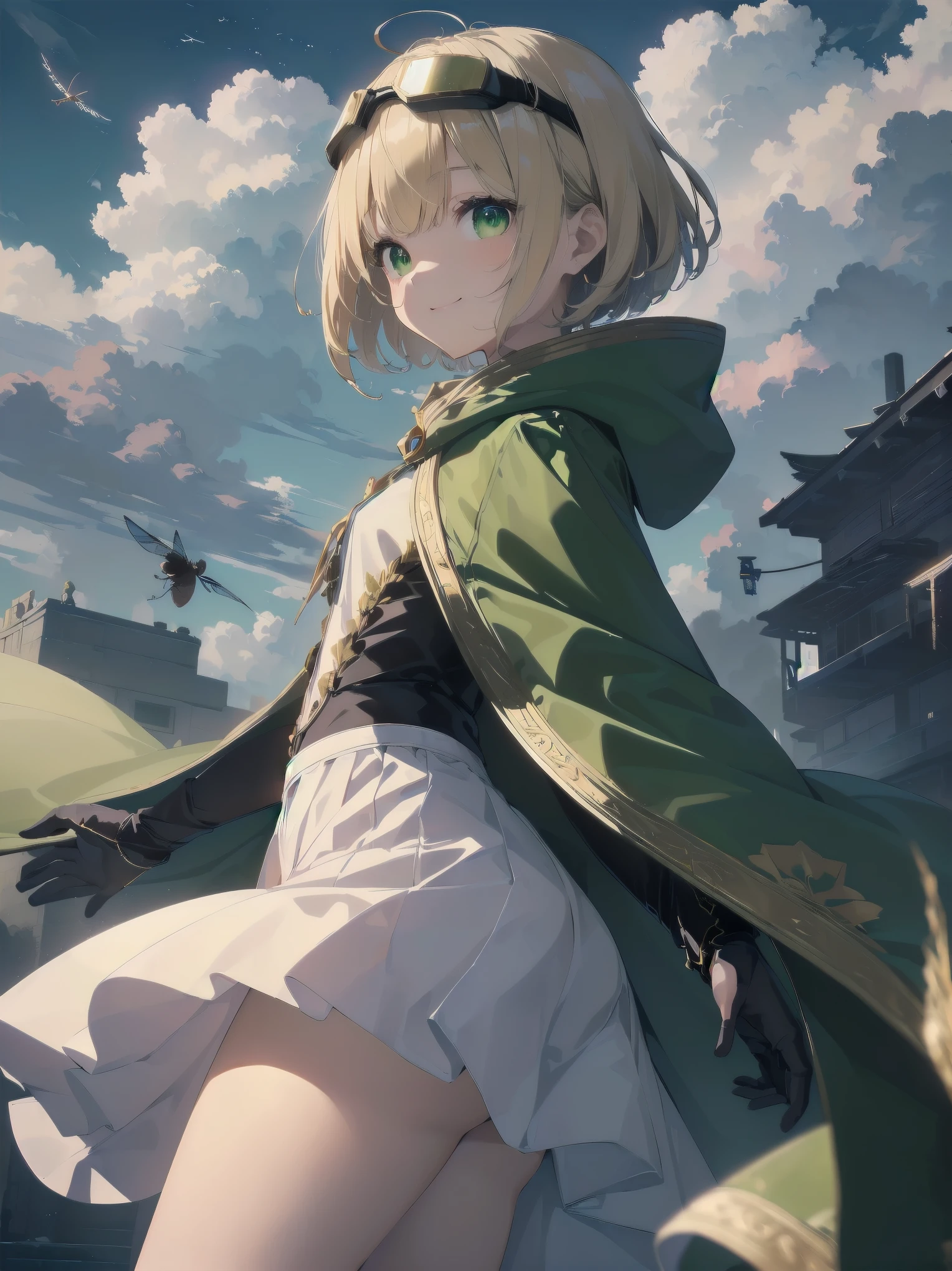 (((master piece、highest quality、Ultra-precision、The best and perfect quality)))、((fantasy))、1 person、(((Cute little girl)))、(White skirt with gold embroidery)、(Blonde one-length bob cut with braids)、(big glowing dark green eyes、shining eyes)、((Long cloak with big hood))、(green surcoat with gold embroidery)、(((Head Goggles)))、((Thick gloves))、big 、smile、(((fly in the sky)))、(((Flight sensation)))、((((Clouds streaming from the screen))))、((Torn Clouds))、(Jump into the sky)、((air))、storm、steam、Fluorescent particle group、Ultra-fantastical、Many particles of light are flying、dynamic angle、Side view