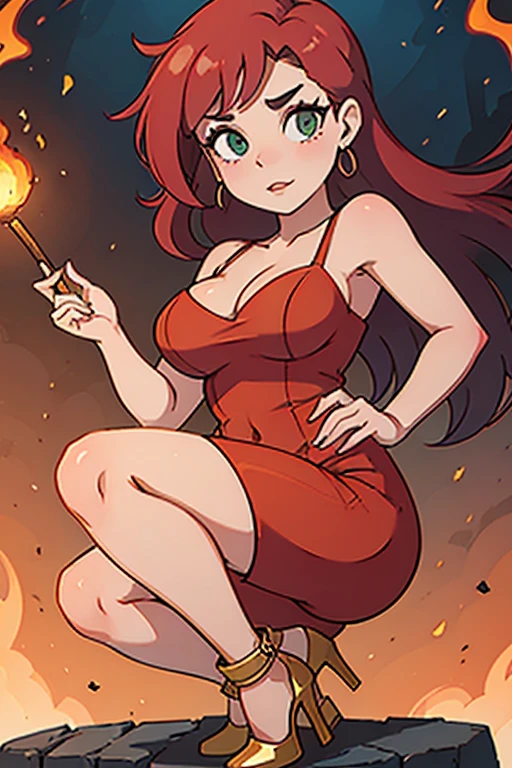 1 girl, red hair, hair in two ponytails, (big lips), red eyes, huge breasts, smile, blush, blush on the nose, thick thighs, high thighs, lively, thick thighs, wide hips, narrow waist, hourglass figure, silly, delicate, earrings, hair clips, full body, sexy pose, latex demon costume, in hell, bottom of hell, delicate, pearl earrings, hair clips, full body, sexy pose, on a background with rocks with fire, marked vagina, hot naked, in the background a volcano and the reddish sky
