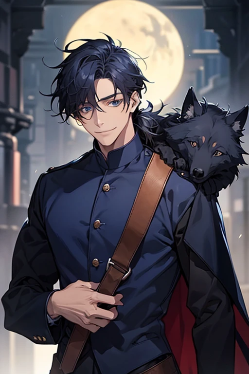 masterpiece, highest quality, confused, male,dark blue hair, ponytail,Black and navy blue pilot suit,expensive,,Carrying Wolves,He has a dark blue cloak draped over his shoulders.,There'there's no one behind me,Sharp dark blue eyes,Smile a little,Carrying the Wolf