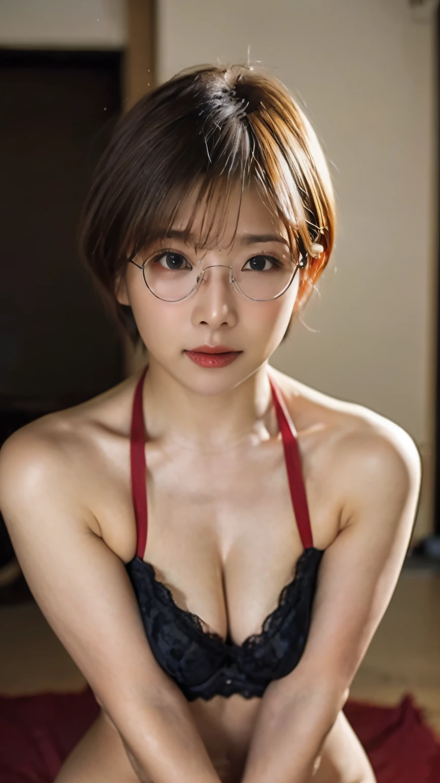 1 female,20th generation,round glasses,short bob hair,nude,blonde,Moist eyes,looking at the viewer,cleavage,upper grade,High definition,masterpiece,Highest image quality,8K,Super realistic,Chest and face are visible,sexy,Bend your elbows and place your arms across your chest,Close ~ eyes,open your mouth,stick out tongue,front view,